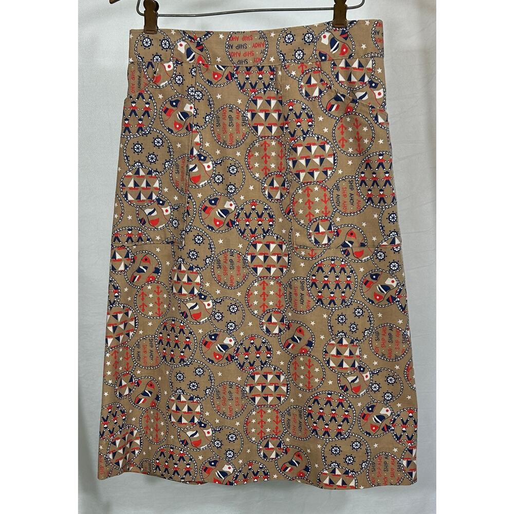 Vintage Nautical Print Wrap Skirt Tan Red White Blue | Size S | 27" Length